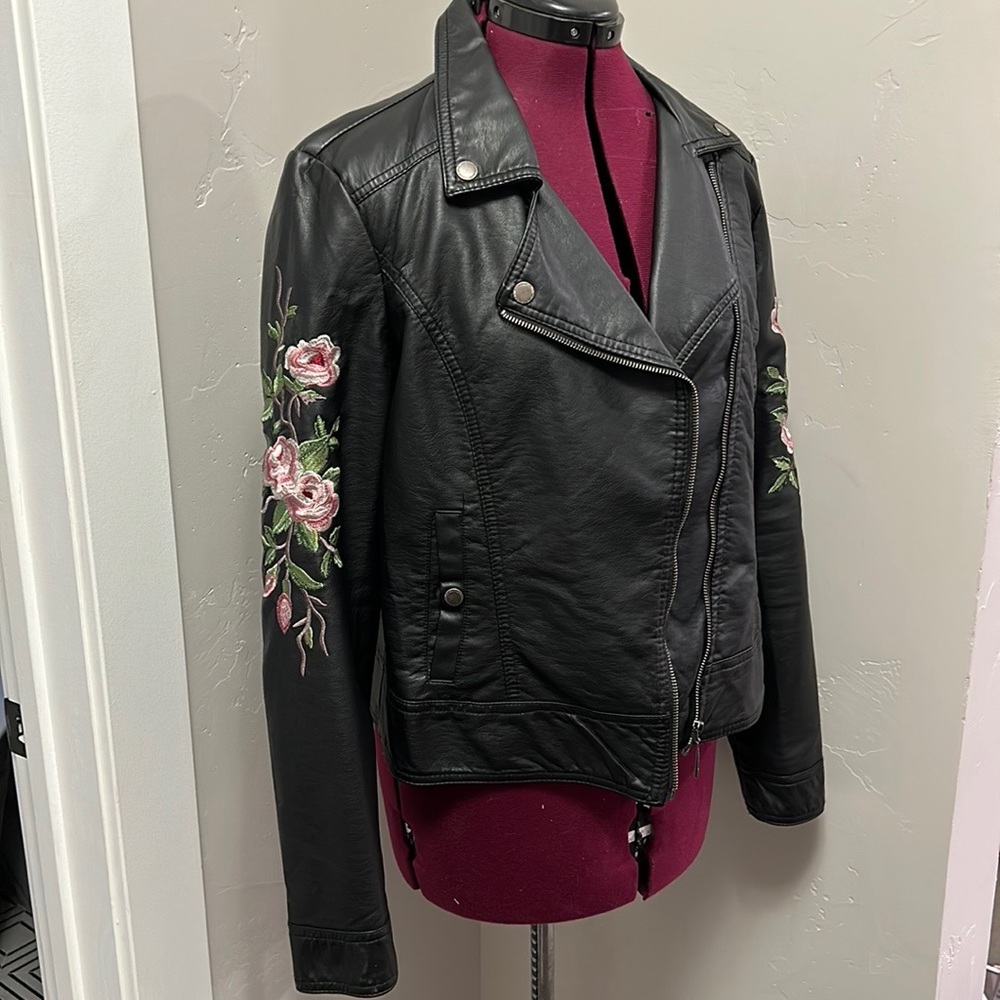 Embroidered vegan leather jacket